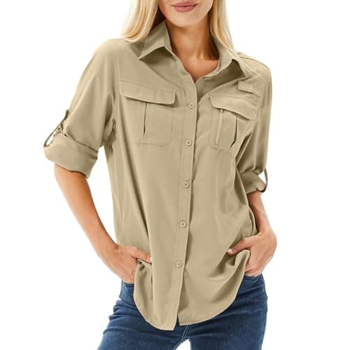 Image of Winebox Women's UPF 50 Shirts Long Sleeve Sun Protection UV Quick Dry Casual Outdoor Safari Walking Fishing Hiking Travel Shirts(Khaki-l)