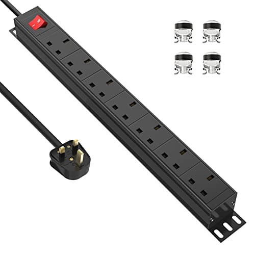 Image of Extension Lead Surge Suppression 7 Way Multi Plug Power Strip with Switches, Desk Power Strip 19 Inch Rack Mount Power Socket for Home Office Power Distribution Unit (PDU), Black, 13A