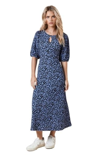 Image of Dorothy Perkins Petite Puff Sleeve Blue Spot Keyhole Midi Dress, 14, Blue