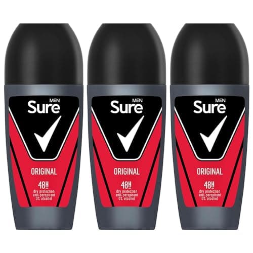 Image of Sure Antiperspirant Roll On Original 48H Sweat and Odour Protection Roll On with Citrusy, Spicy and Woody Scent Deodorant for Men, 50ml Pack of 3