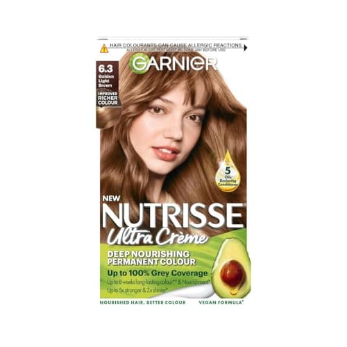 Image of Garnier Nutrisse Ultra Crème Vegan Hair Dye, 6.3 Golden Light Brown. Delivers 100% grey coverage and radiant 8-week golden light brown colour. Gentle, no-ammonia, and vegan for a luminous finish.