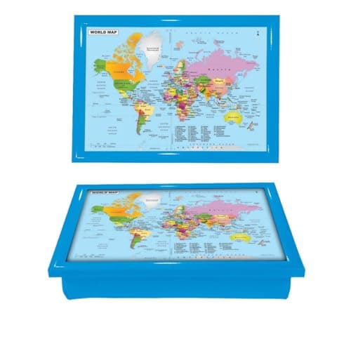 Image of World Map Cushioned Lap Tray Bean Bag Padded Dinner Serving Cushion Laptop Holder Breakfast LapTray Serving Bean Bag TV Bed Soft Cushion Padded Cushioned Use for Living (BLUE)