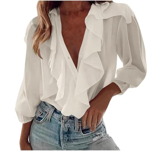 Image of Long Sleeve Chiffon Blouses for Women UK Ruffle V Neck Button Down Shirts Elegant Party Dressy Tops Solid Casual Office Tunic Shirts Puff Sleeve Holiday Vacation01 White M