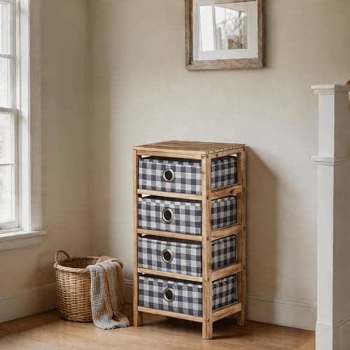 Image of Home Source Storage Chest, Solid Wood Frame, Blue Plaid Fabric Pull-Out Drawers, Coastal Style Bedroom Organiser, 4 Drawer