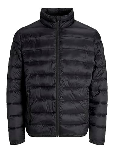 Image of JACK & JONES Mens Quilted Jacket Windproof 100% Nylon Long Sleeve Outdoor Puffer Jacket for Men, Black Colour, Size- M