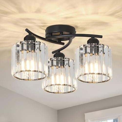 Image of Rayofly Black Ceiling Light Fitting, 3-Lights Modern Flush Ceiling Lights Living Room, Crystal Chandeliers Ceiling Light with Glass Shade, Black Crystal Chandelier for Bathroom Hallway Bedroom Kitchen