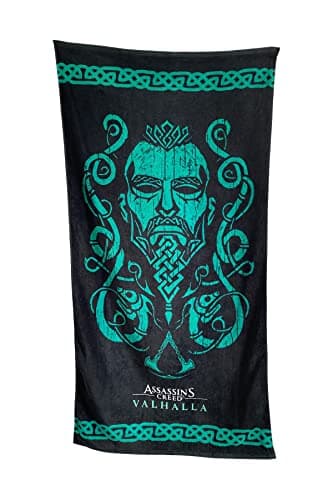 Image of Groovy Uk Assassin’s Creed Eivor Valhalla Bath Towel, 150 cm Length x 75 cm Width, Black