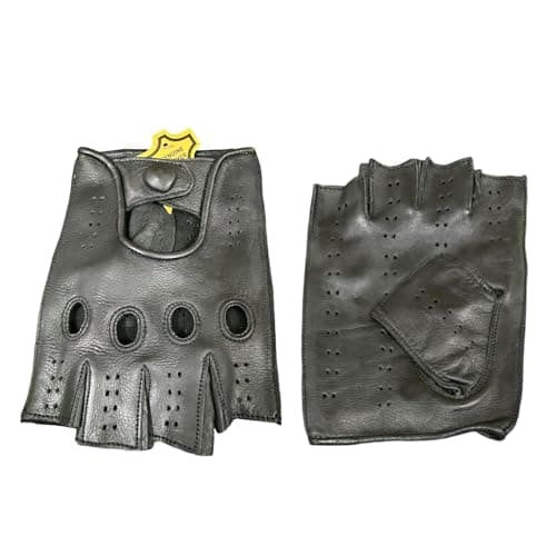 Image of Unisex Genuine Leather Fingerless Driving Perforated Classic Race Car Motorcycle Cycle Gym Style Unlined Gloves (Black, XXL)