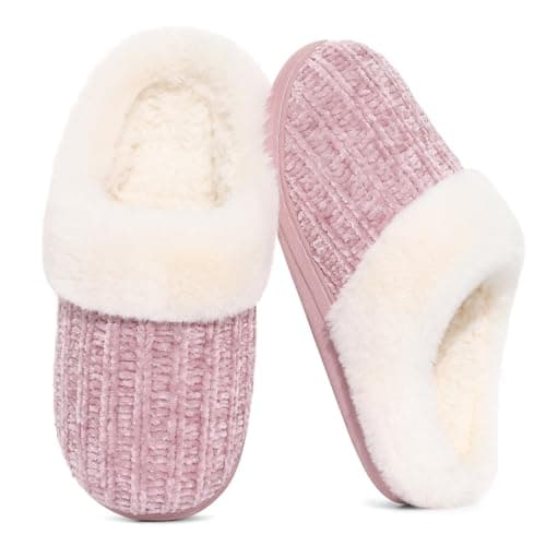 Image of Evshine Warm Knit House Slippers for Women Comfy Wool-Like Lined Chenille Slippers with Memory Foam and Indoor Outdoor Soles Pink, Size 5-5.5