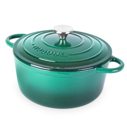 Image of Nuovva Enamelled Cast Iron Dutch Oven Pot with Lid – 5 Quart Casserole Dish – Ceramic Dutch Oven for Bread Baking, Roasting, Braising & Stews – Oven Safe up to 500°F – 24cm Dark Green