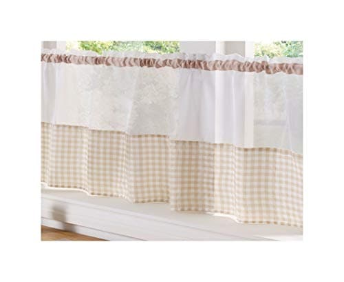 Image of Alan Symonds Gingham Slot Top Voile Cafe Curtain Panel (59" x 18", Beige)