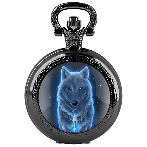 Image of Tiong Black Patch Fashion Wolf Design Glass Cabochon Quartz Pocket Watch, Vintage Patch Quartz Pocket Watch Gift for Men