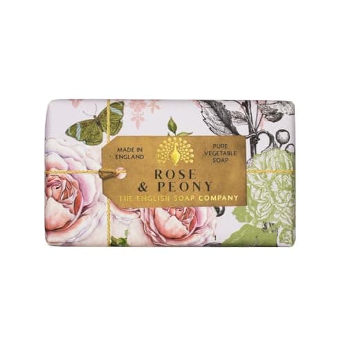 Image of The English Soap Company Anniversary Rose and Peony Soap - Luxury Shea Butter Bar - Floral Rose and Raspberry Scent, Vegan Friendly, Plastic-Free Recyclable Packaging, Made in England - 190g