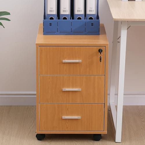 Image of Redd Royal Mobile Lockable File Storage Cabinet with 3 Drawers on Wheels Under Desk Wood Drawer Bedside Cabinet Pedestal for Unit Document Home Office Printer Stand (walnut#2)