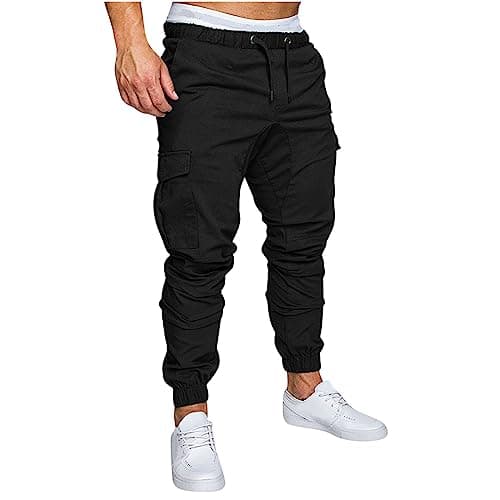 Image of Cargo Trousers for Men UK Elastic Waist Cuffed Casual Trouser Solid Sports Running Work Pants Gym Hiking Jogging Pant Combat Outdoor Camping Bottoms Streetwear Comfotable Bottom