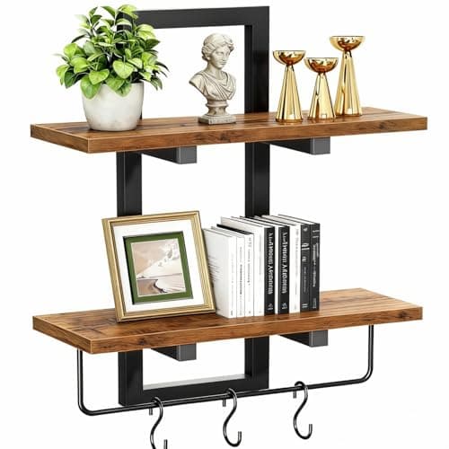 Image of TRAYINDALY Floating Shelves for Wall 2-Tier, Wood Wall Shelf with Towel Bar and 3 Hooks, Rustic Brown Hanging Storage & Organiser for Bedroom, Bathroom, Living Room, Kitchen
