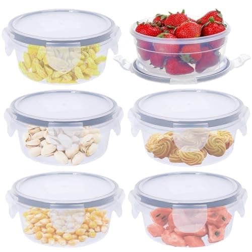 Image of 6 Pack 700ml Round Food Containers with Lids Airtihgt, Plastic Reusable Snack Pots with Clip Lock, Leak-proof Small Storage Container Set Stackable for Yoghurt, Fruit, Snack (700ml)