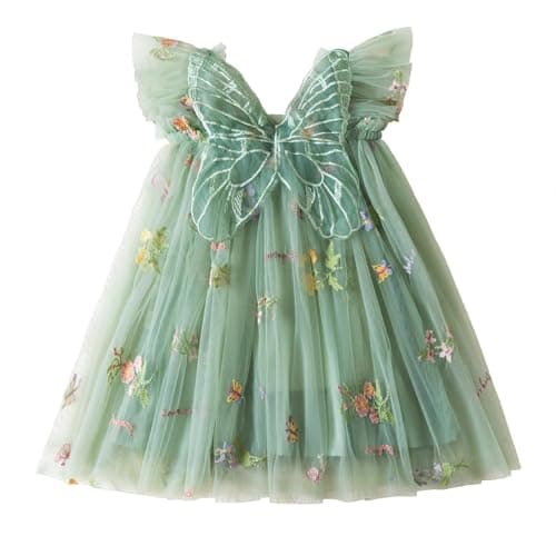 Image of NNJXD Baby Girl Flower Embroidery Tulle Dress Butterfly Toddler Birthday Party Dresses 2109 Green Size(100) 2-3 Years