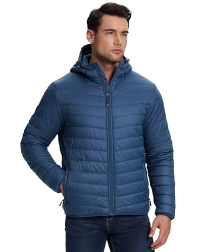Image of 33,000ft Lightweight Waterproof Puffer Jacket Men's Packable Insulated Winter Jacket with Hood Windproof Mens Quilted Coat for Hiking, Travelling Navy Blue L