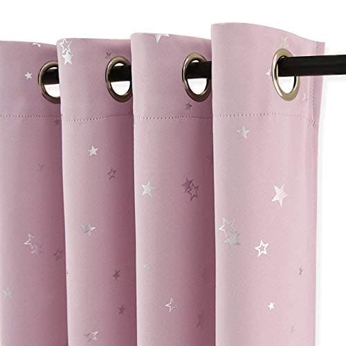 Image of PONY DANCE Stars Foil Printed Blackout Curtains - Pink 52 x 54 Inch Thermal Insulated Curtains & Drapes with Eyelet for Kids Girls Nursery Bedroom, Pink, 2 Panels