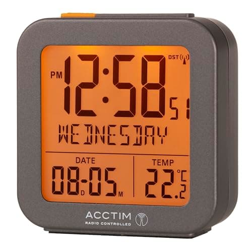 Image of Acctim Invicta Digital Alarm Clock Radio Controlled Crescendo Alarm Date & Temperature Display Grey
