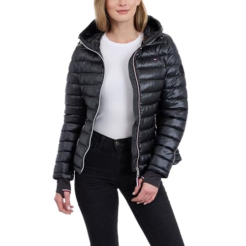 Image of Tommy Hilfiger Women's Lightweight Packable Puffer Jacket with Hood & Bag, Black, Small