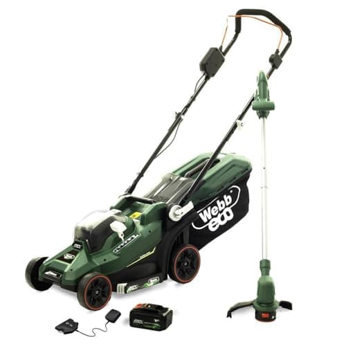 Image of Webb Eco WEV20LM33LT25B4 20V 33cm (14″) Cordless Rotary Lawnmower and 25cm Line Trimmer (Twin Pack) 4Ah Battery & Charger included