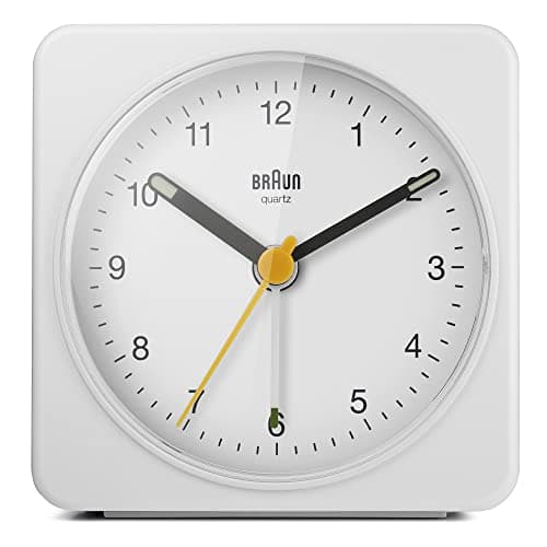 Image of Braun Classic Analogue Alarm Clock with Snooze and Light, Quiet Quartz Sweeping Movement, Crescendo Beep Alarm in White, model BC03W.