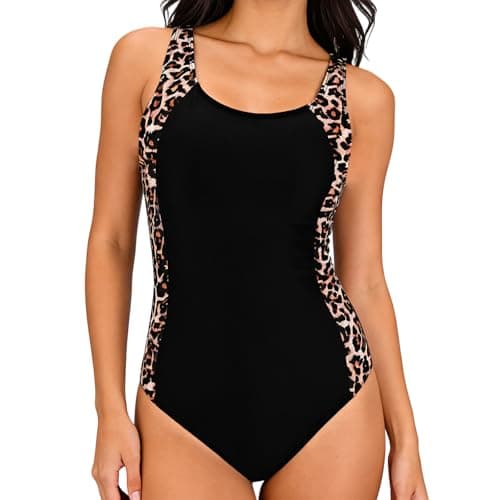Image of One Piece Swimsuit for Women,Leopard Print Swimming Costume Womens Tummy Control Swimwear Ruched Detachable Chest Padded Slim-Fit Fashion Beach Pool Vacation (UK, Alpha, M, Regular, Regular)