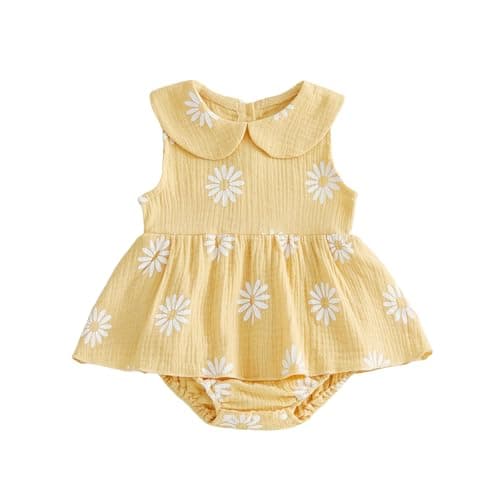 Image of XIXIMAON Newborn Baby Girl Romper Dress Doll Collar Sleeveless Daisy Flower Print Jumpsuit Infant Girl One Piece Clothes (Yellow, 3-6 Months)