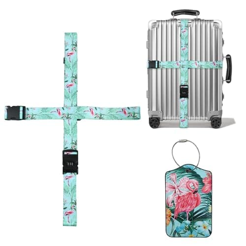 Image of Wasise Suitcase Straps - Luggage straps with locks, Adjustable Lockable Travel Straps with Flamingo Design + Free Luggage Tags, Cross Suitcase Band for 22-32 Inch Bags, Portable Travel Packing Strap