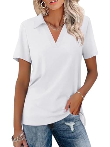 Image of ORANDESIGNE Women's Short Sleeve V Neck Polo Shirts Summer Collared Tops Casual Loose Tees Tops, White, L
