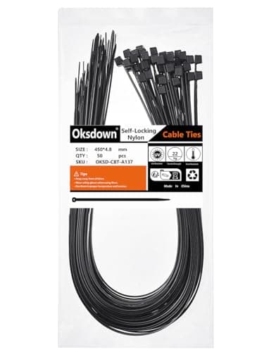 Image of Oksdown Cable Ties 450mm×4.8mm Black Thick Heavy Duty Large Strong Nylon Plastic Self Locking 18 inch/45 cm Extra Long Zip Tie Wraps, 50 Pack
