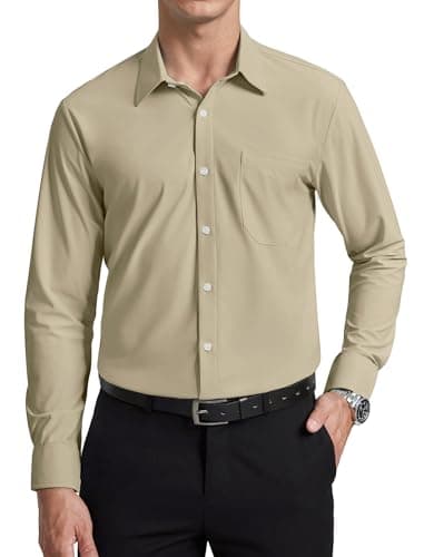 Image of Enlision Mens Shirts Non Iron Stretch Khaki Shirts for Men Adult Long Sleeve Wedding Business Formal Regular Fit Button Down, 2XL