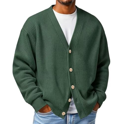Image of Mens Cardigan Sweater Long Sleeve, Casual V Neck Button down Waffle Knitted Sweater, Waffle Cardigan Sweaters for Men (Army Green,5XL)