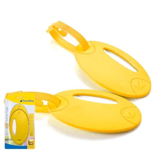 Image of Travel Blue Neon Luggage Name Tags - Pack of 2, Bright Travel Accessories for Easy Identification, Luggage Tags for Suitcases, Lightweight, Personalize Easily, Avoid Mix-Ups, Eye-Catching (Yellow)