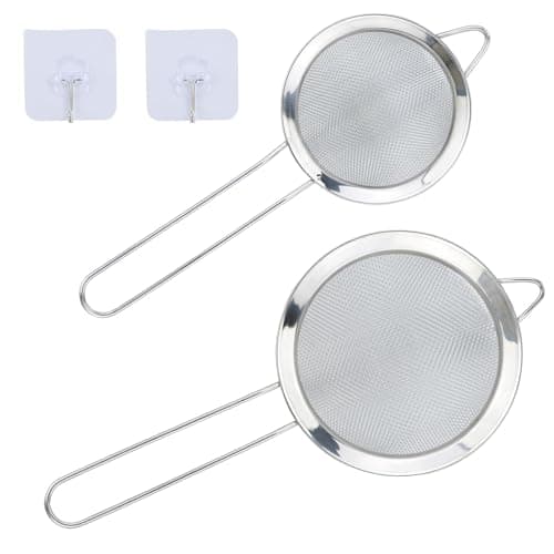 Image of 2 Pack Small Stainless Steel Fine Mesh Strainers with Kitchen Hooks,12 cm/8cm Diameter Fine Mesh Sieve Tea Strainers Kitchen Colander Sieve with Handle - Ideal for Juice Egg Tea Coffee Flour Filter