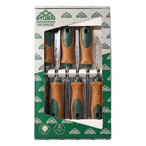 Image of Stubai 357106 Special Wood Chisel Set "Swedish Type" with Cork Handles 6-26mm 6-piece, Green/Brown/Silver, 6-26 mm