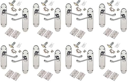 Image of Golden Grace Epsom Design Victorian Scroll Door Handles Lever on Shaped Backplate - Latch Door Pack with Hinges & Latch - Polished Chrome, 8 Sets