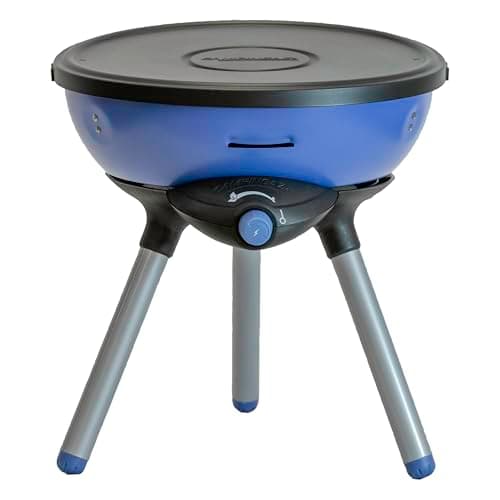 Image of Campingaz Party Grill 200 CV, portable camping BBQ with various cooking options, gas camping stove and BBQ in one, with non-stick grilling plate and pan support, Blue