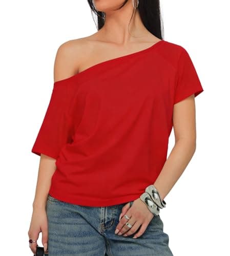 Image of INFITTY Sexy Tops for Women Off Shoulder Tops Short Sleeve T-Shirts Casual Loose Fit Basic Tops 2026 Trendy Red L