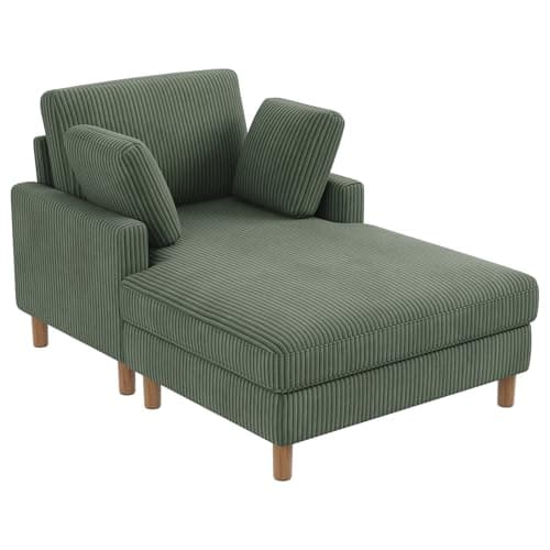 Image of Vesgantti Single Sofa Bed, Corduroy Upholstered 104cm Wide Chaise Lounge Chair Indoor, With 2 Extra Pillows, Perfect For Living Room, Bedroom, Office and Apartment, Tool-free Assembly, Green