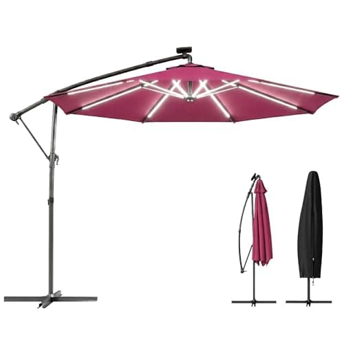 Image of Outsunny 3 m Garden Cantilever Parasol with LED Solar Light, Round Overhanging Umbrella with 6-Position 360° Rotation, Crank Handle, Tilt, Cover, Banana Patio Umbrella for Outdoor Sun Shade, Wine Red