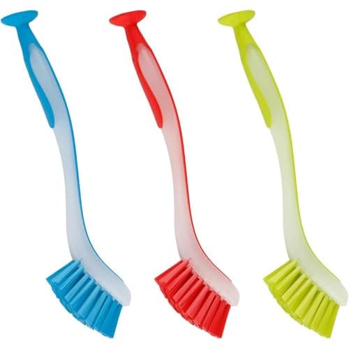 Image of Dish Brushes for Washing Up, 3 Pack Kitchen Brushes for Dishes, Long Handle Dish Washing Brush Set for Deep Cleaning Pots and Pans (Red, Yellow, Blue)