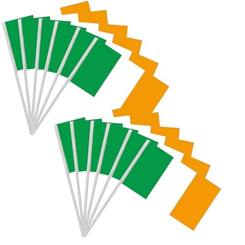 Image of Lizzy 12 x Ireland Hand Flag (29cm x 17cm) with Reusable Plastic Stick | Hand Held Irish Flags for St. Patrick's Day Parade Six Nations Rugby Euro World Cup Football Party Decorations (12)