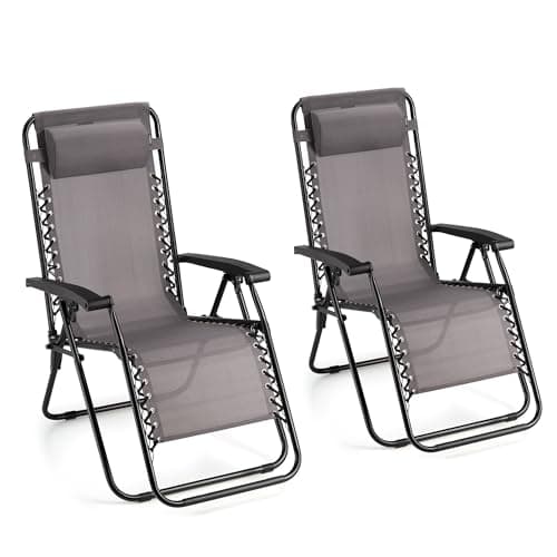 Image of VonHaus Zero Gravity Chairs Set of 2 - Grey Reclining Sun Loungers for Garden - Textilene Folding Sunloungers with Detachable Head Pillow - Fold Away 2 Set Deck Chairs for Outdoor, Patio & Decking