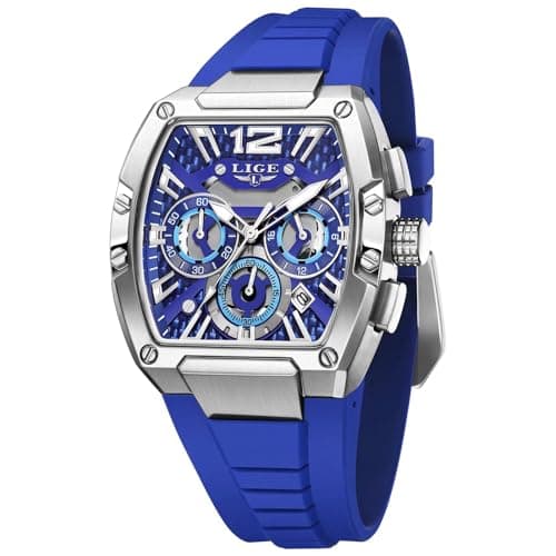 Image of LIGE Men's Watch Skeleton Tonneau Square Chronograph Stainless Steel Waterproof Luminous Date Analog Watches Silicone Strap Durable Fashion Casual Business Dress Wrist Watch