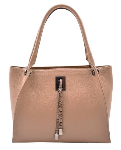 Image of Multi Pockets Grained Leather Shoulder Bag Zip Large Size Handbag GRACE (Taupe)