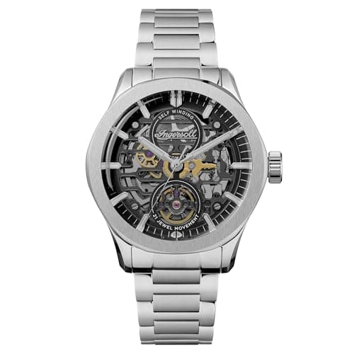 Image of Ingersoll The Bronc Mens 44mm Automatic Watch with Black & Gold Dial and Silver Stainless Steel Bracelet Strap