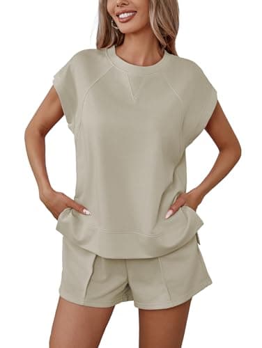 Image of Famulily Co ord Sets for Women UK Side Split Shirt and Pleated Seams Shorts Causal Oversized Tracksuit Set Khaki M